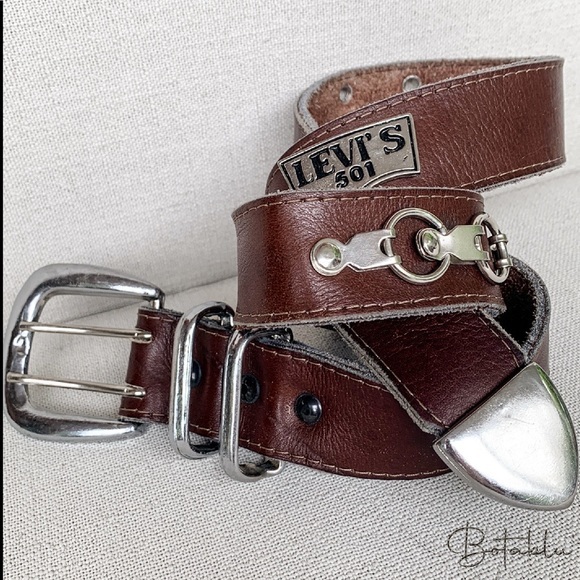 LEVI’S 501 Vintage Dark Brown Genuine Leather Double Silver Buckle Belt 32